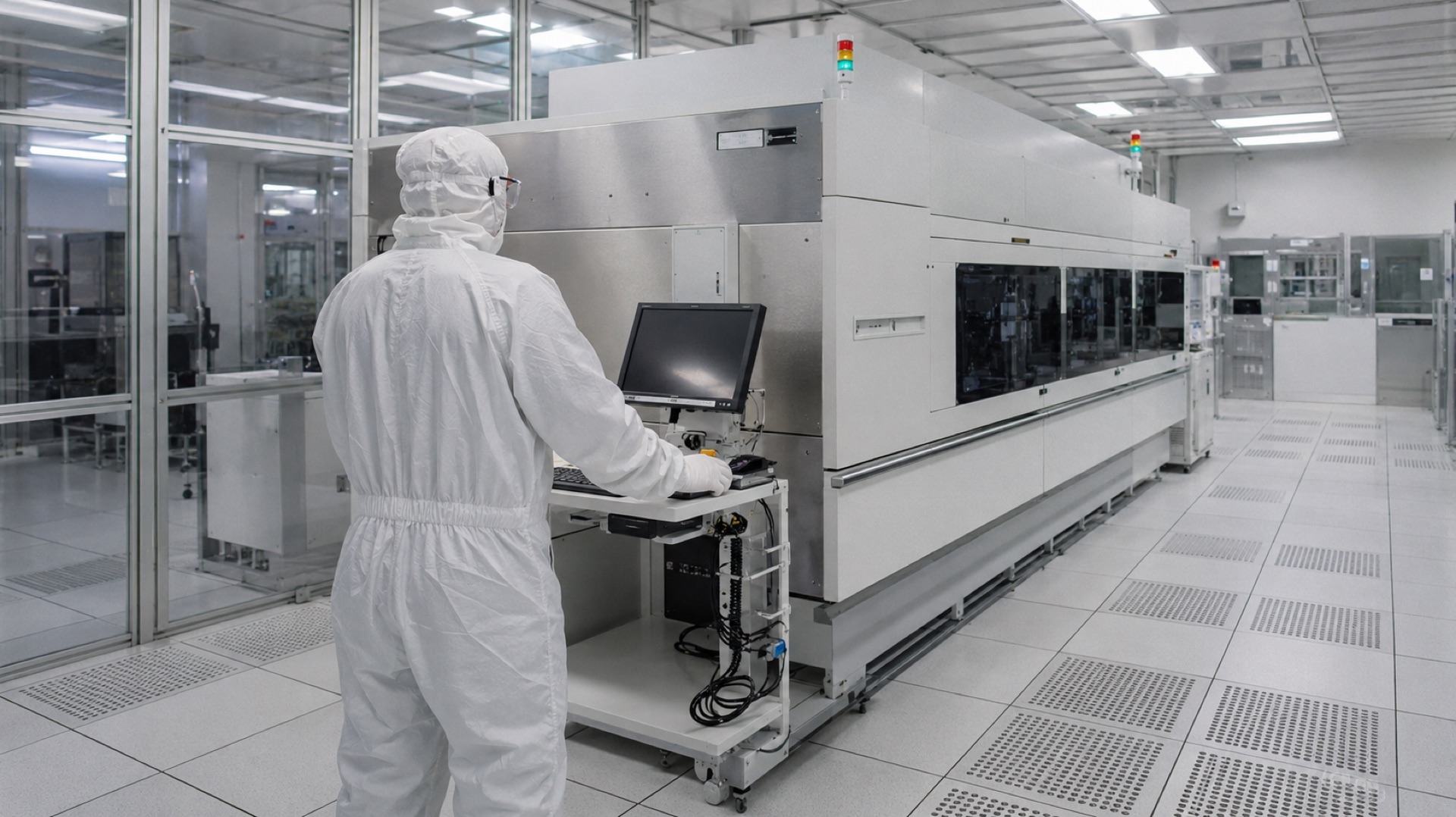 Techniker im Reinraum an einer Halbleiter-Anlage
